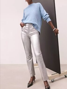 Loft Coated High Rise Straight Jeans in Silver Metallic Size 24/00